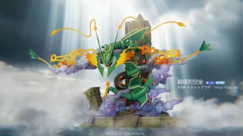 "Gallery views of the premium Mega Rayquaza Pokémon statue, highlighting intricate deails, dynamic LED lighting, and epic storm effects."