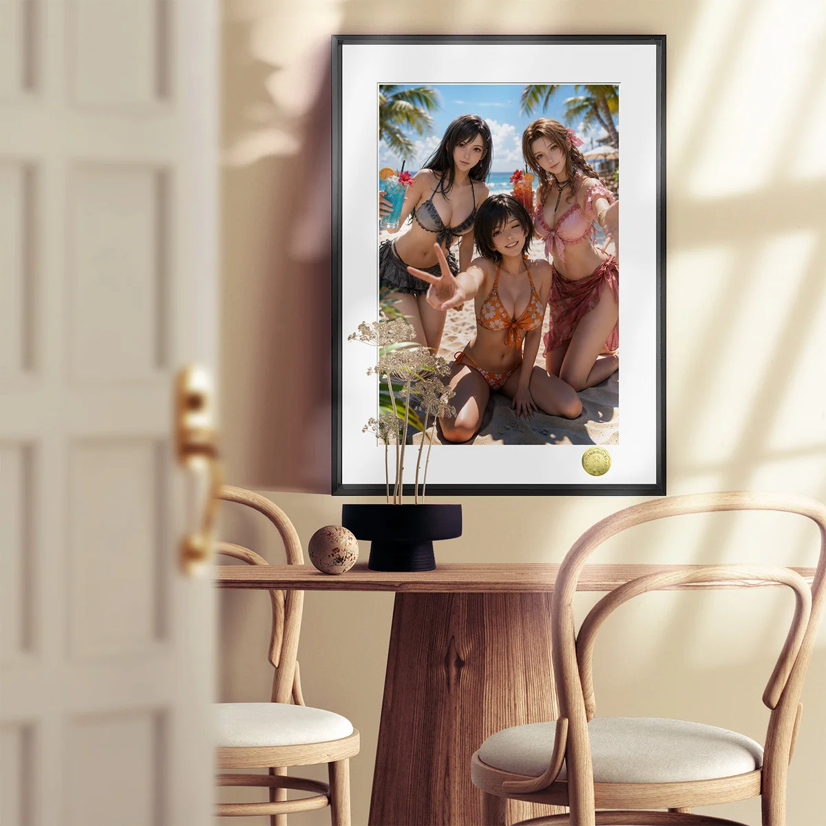 "Vibrant FF7 Swimsuit Art decorative painting, showing Tifa, Aerith, Yuffie in playful summer fan art. Exclusive Final Fantasy VII limited print."