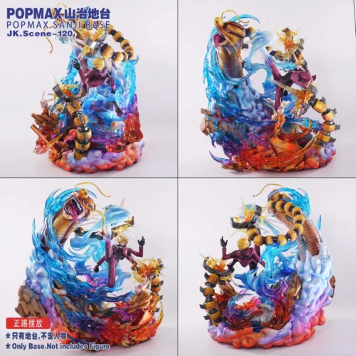 "Dynamic JacksDo One Piece Sanji POPMAX Battle Diorama resin statue, showcasing fiery effects and intricate sculpting from multiple premium angles."