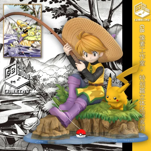 "Exclusive GB PIXEL STUDIO 1/20 Pokémon Yellow & Pikachu fishing resin statue, a premium collectible capturing a serene, nostalgic scene."