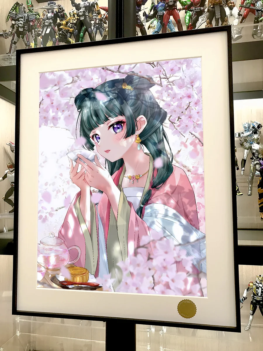 "Limited Edition The Apothecary Diaries art print: Maomao, Jinshi, Gyokuyoufei under starry sakura sky, a hand-numbered collectible print."