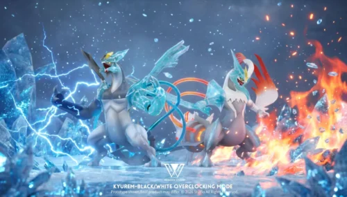 "Premium 1/20 Kyurem Overclock Mode Pokémon statue showcasing dynamic Reshiram and Zekrom fusion with electrifying integrated LED lighting."