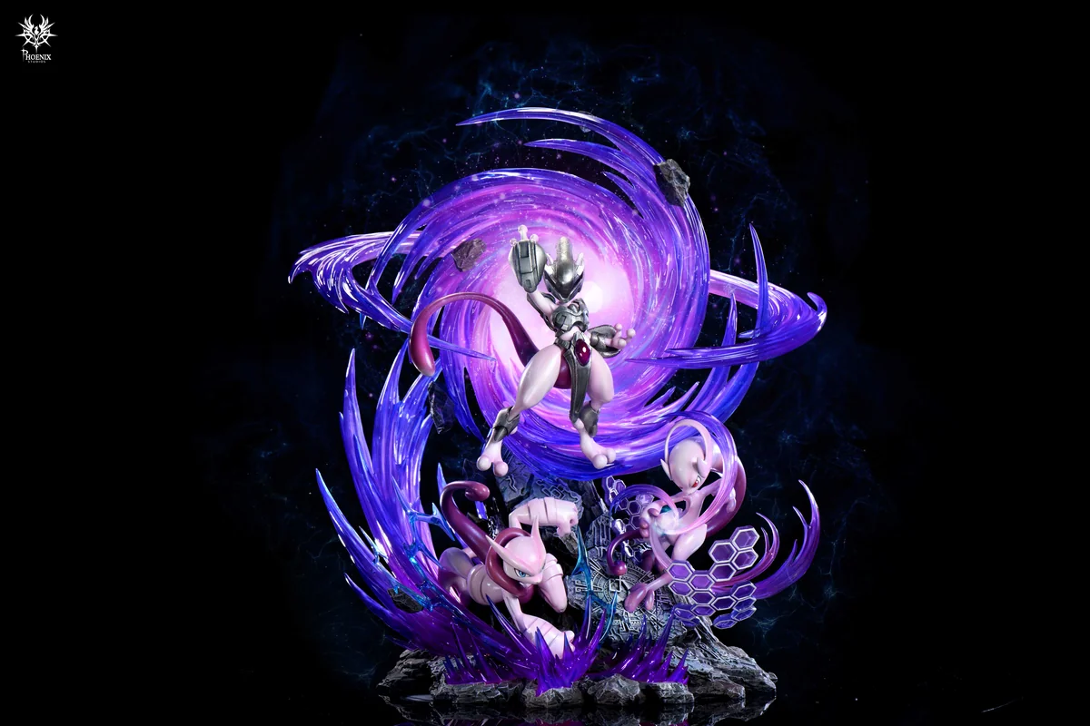 "Limited Edition Armored Mewtwo LED statue by Phoenix Studio. Views capture dynamic pose, intense aura, and premium sculpt."