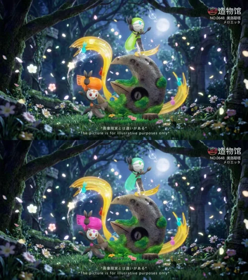 "Premium 1/20 Meloetta Dual Forms Pokemon statue showcasing vibrant colors and a dynamic display of both Aria and Pirouette forms with mystical energy."