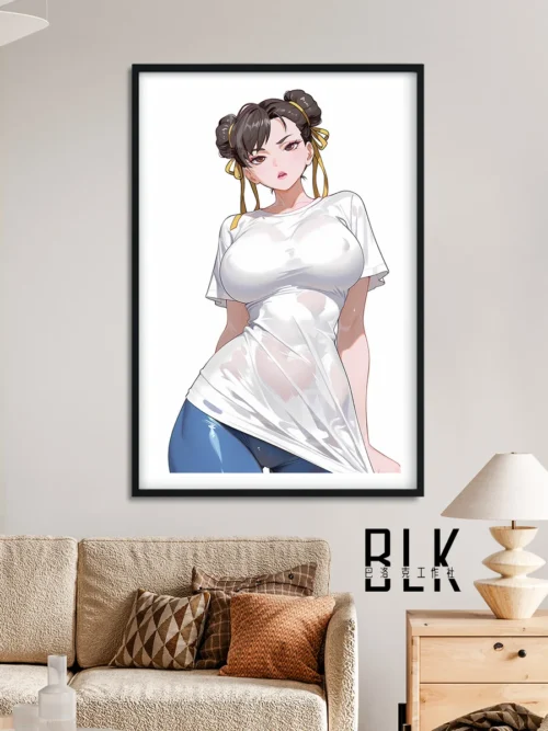 "Multiple views of the stunning Baroque Chun-Li wall art, showcasing intricate details of Chun-Li in her white costume within an ornate frame."