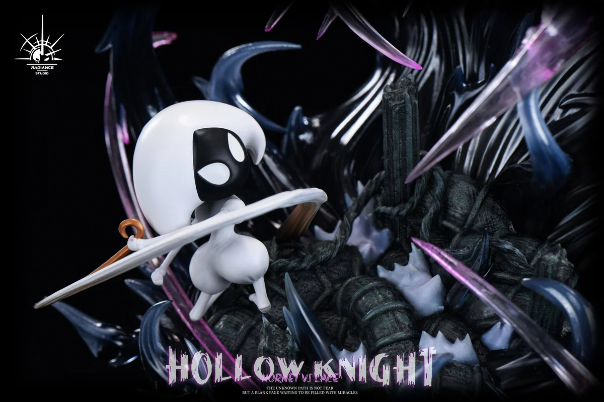 "Dynamic Hollow Knight Hornet vs Lace resin statue with LED. See intricate details and intense battle from different angles."