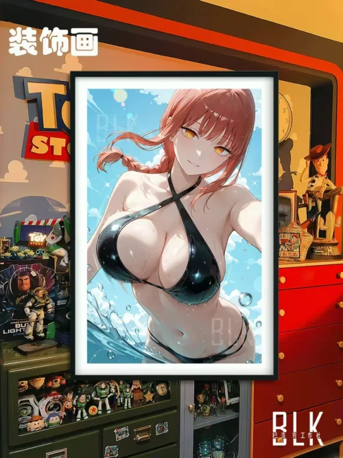 "Elegant Makima in a swimsuit, depicted in a vibrant anime style within a classical Baroque decorative painting frame, perfect wall art."
