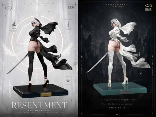 "Exquisite 1/4 scale 2B Platinum Wedding NieR: Automata statue, highlighting elegant 2B in translucent lace gowns within an ethereal scene."