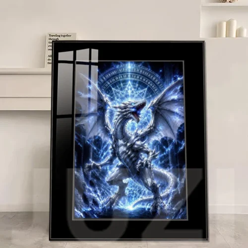 "Dynamic Ancient Call Blue-Eyes White Dragon art painting, showcasing vibrant HD detail and a premium durable alloy frame. Perfect for Yu-Gi-Oh! fans."