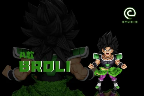 "C-STUDIO's premium Broly Figure in Battle Suit, dynamically posed with two hair variants, captured from multiple angles highlighting intricate import."