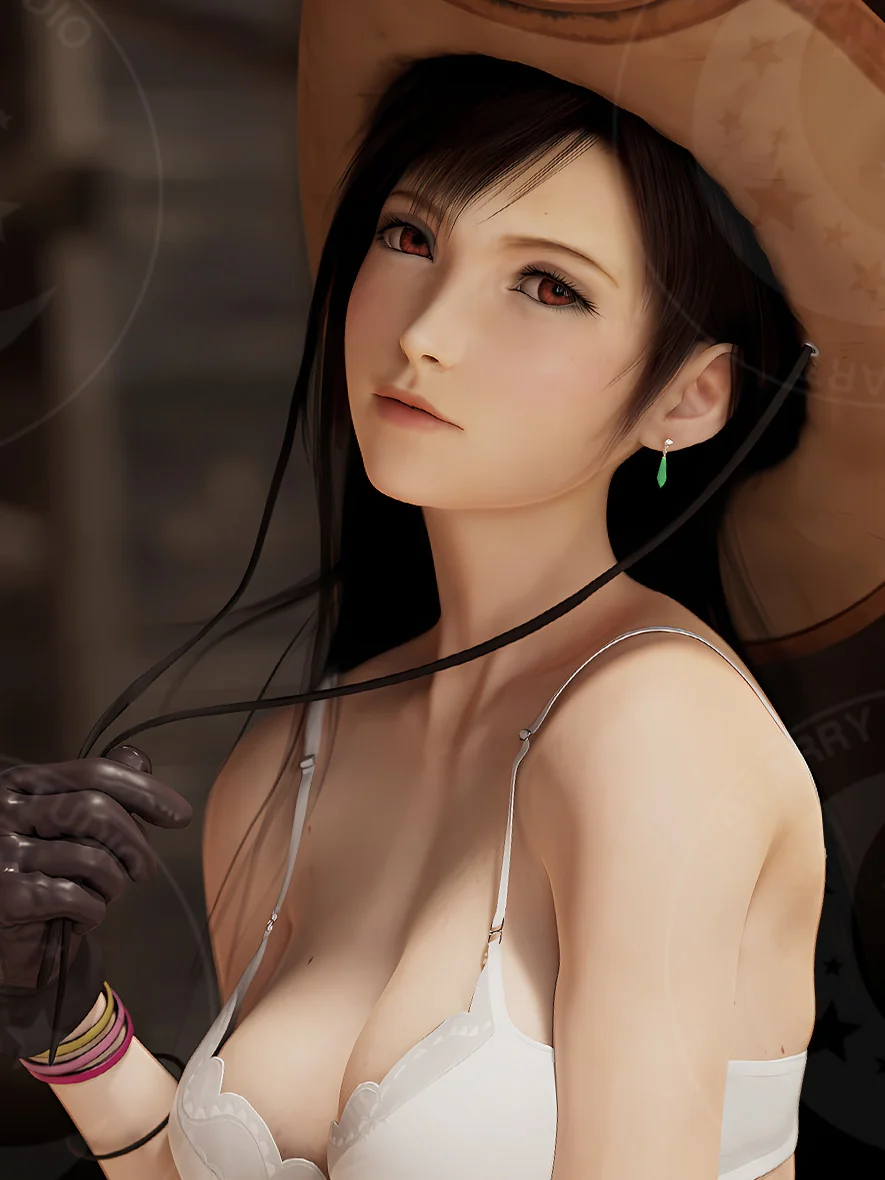 "Gallery views of the Limited Edition, Museum-Quality Starry Sky Tifa Lockhart in Denim Final Fantasy VII art print, showcasing vibrant colors."