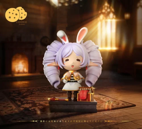 "Limited Edition Frieren Bunny Girl statue. Charming Frieren figure in a seductive bunny suit playfully interacts with a treasure mimic."
