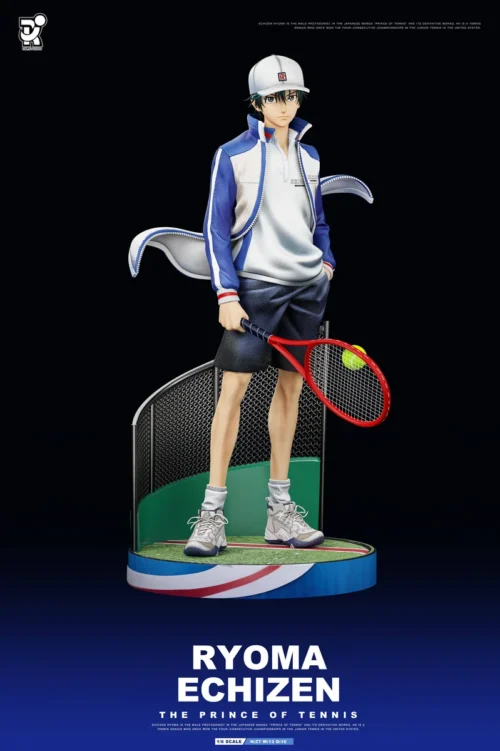 "Dynamic Ryoma Echizen statue captures his intense tennis action, a premium limited edition collectible for The Prince of Tennis fans."