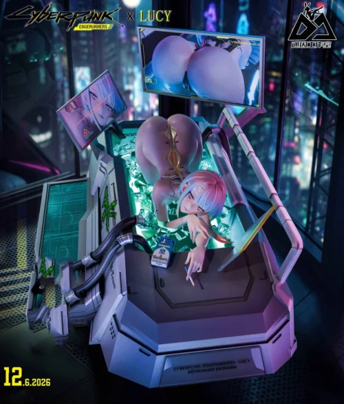 "Iconic 1/6 scale Lucy Cyberpunk: Edgerunners statue in dynamic pose. Features vibrant USB LED lighting, showcasing a premium neon-lit futuristic."