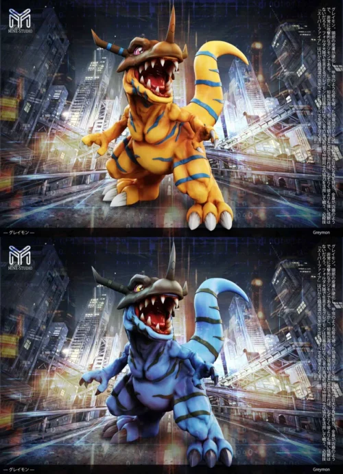 "Dynamic, limited edition MINE Studio Digimon Greymon figure in a battle-ready pose, showcasing vibrant original and blue-black color options."