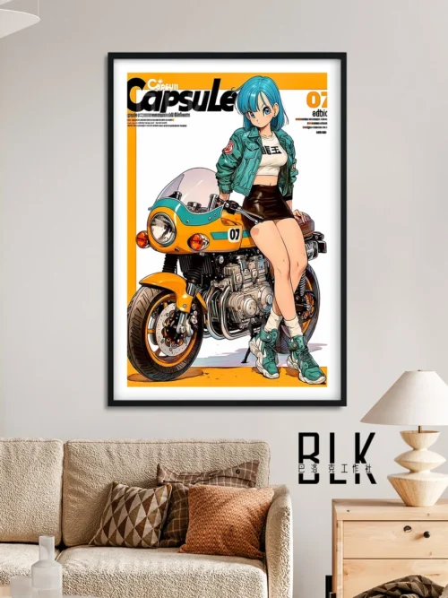 "Baroque Motorcycle Bulma decorative painting from Dragon Ball, revealing its vibrant colors, dynamic pose, and intricate artistic details."