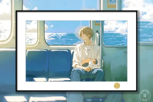 "Exclusive Natsume's Book of Friends framed art print. Serene Natsume and Nyanko-sensei on a nostalgic train journey. A beautiful Natsume art print."