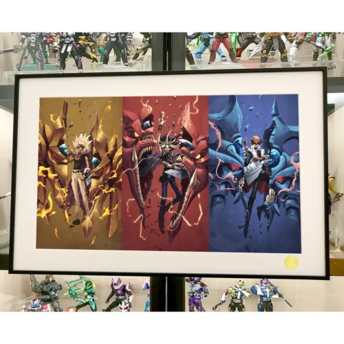 "Dynamic angle of the Limited Edition Yu-Gi-Oh! God Cards print, highlighting the majestic Egyptian gods and vibrant starry sky artwork details."