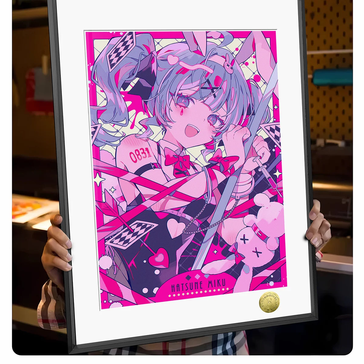 "Detailed views of the limited edition Hatsune Miku Bunny Girl "Rabbit Hole" decorative painting, emphasizing the vibrant artistry."