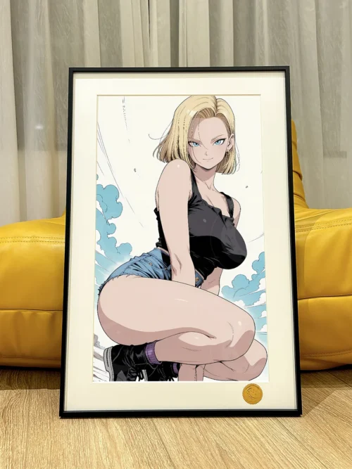 "Dynamic Android 18 crouching pose art print against a cosmic starry sky, highlighting this ultra-limited, collector-grade Dragon Ball decorative paint."