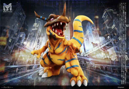 "Gallery of the Limited Edition MINE Studio Digimon Greymon statue, showing dynamic sculpt details, vibrant original and blue-black variants."