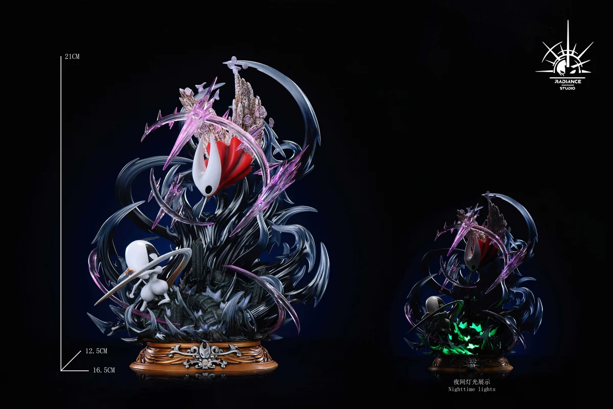 "Dynamic Hollow Knight Hornet vs Lace resin statue with LED. See intricate details and intense battle from different angles."