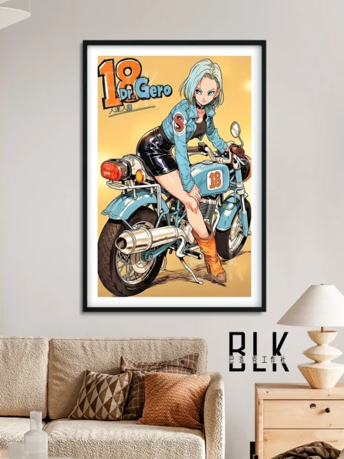 "Vibrant, high-definition Android 18 on motorcycle Dragon Ball decorative painting, capturing dynamic movement and intricate anime art details."