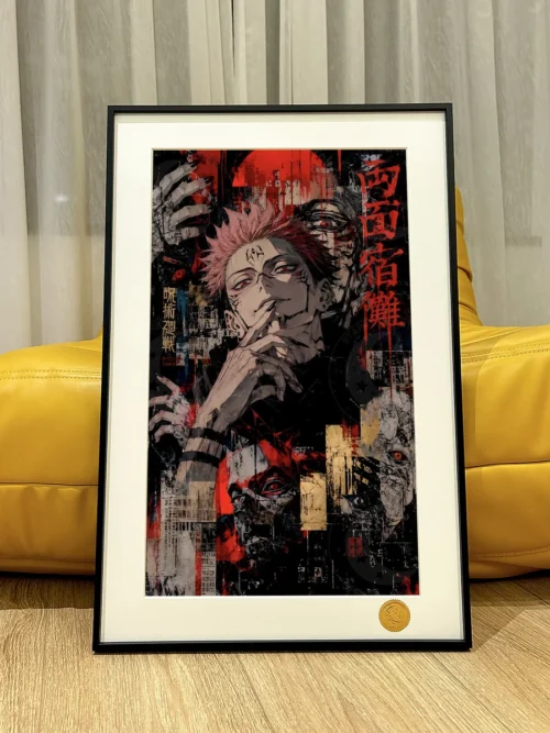 "Premium framed Jujutsu Kaisen art print showcasing dynamic Sukuna in vibrant starry sky graffiti style, a limited edition collectible."