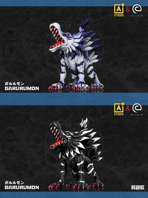 "Premium Garurumon Figure by A+ Research Institute & C-STUDIO. Dynamic wolf-like pose captures iconic Digimon with fierce expression and striking."