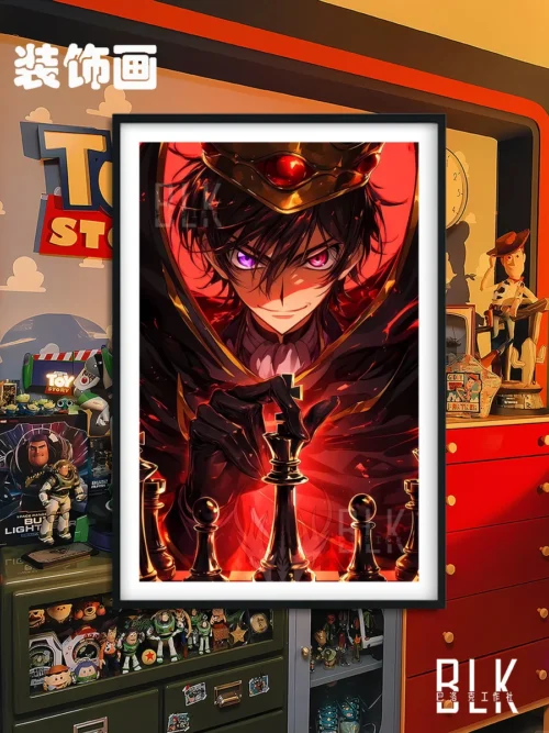 "Lelouch Lamperouge dominates a dramatic Baroque chessboard in this premium Code Geass decorative painting, embodying strategic power for fans."