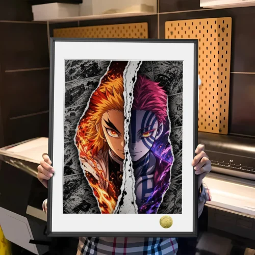 "Limited Edition Demon Slayer painting capturing Rengoku and Akaza's intense, dynamic battle. Premium collectible anime art for fans."