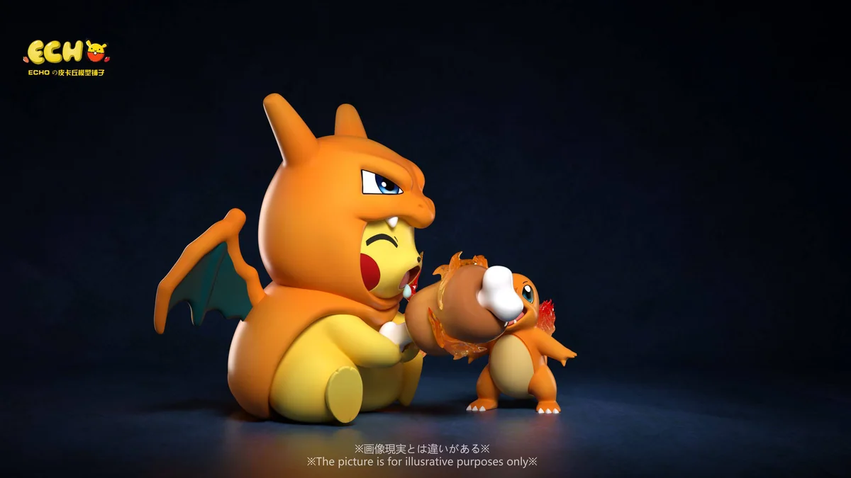 "Detailed Pikachu figure adorably cosplaying Charizard, a unique Kanto starter evolution collectible for Pokémon enthusiasts."