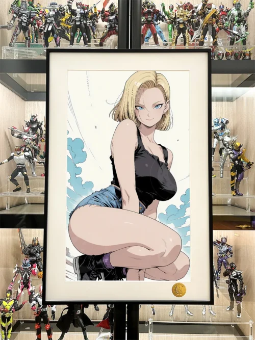 "Ultra-limited, collector-grade Android 18 Crouching Pose art print, showcasing dynamic artistry and cosmic starry sky."