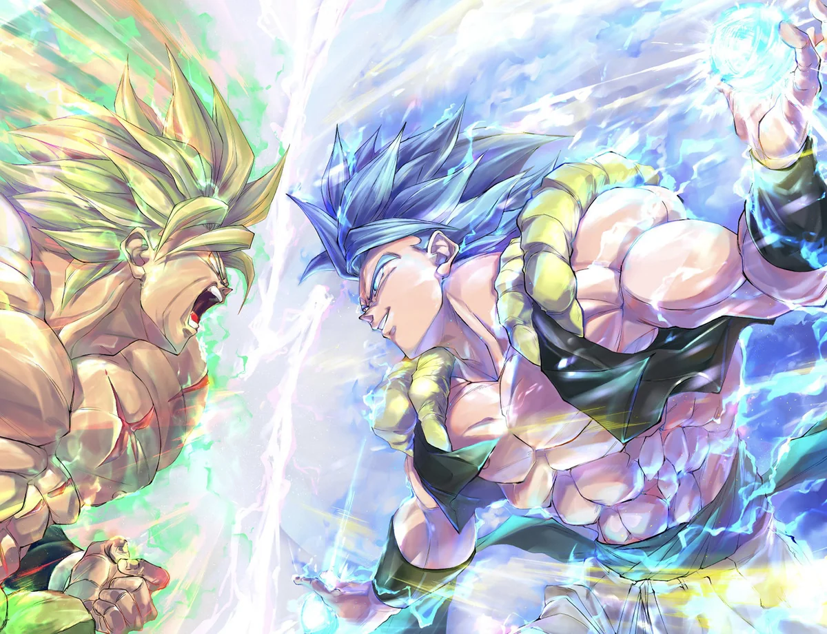 "Dynamic close-up of the Broly vs Gogeta Dragon Ball Super decorative painting, revealing intricate details and the epic energy of this limited edition."