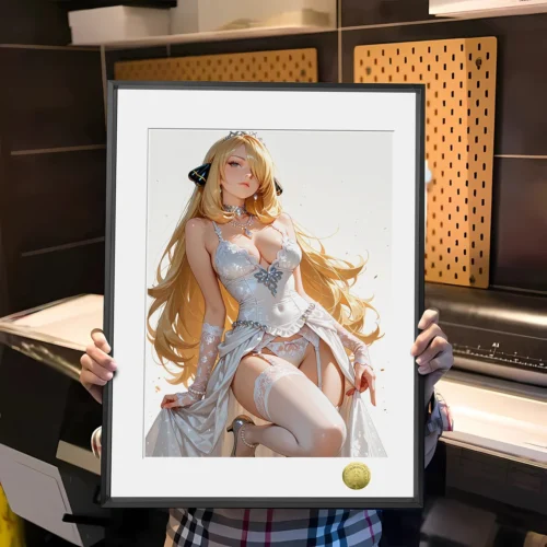 "Premium framed Cynthia art print from Huang Gua Studio, showcasing her elegant beauty as a limited edition Pokémon fan art decorative painting."