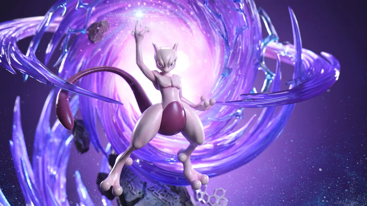 "Limited Edition Armored Mewtwo LED Pokémon statue. Dynamic pose, intense aura, sci-fi details, and striking LED effects from all angles."