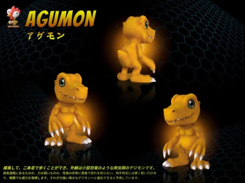 "Exclusive Digimon Agumon Evolution Set figures showcasing adorable chibi early stages with vibrant sculpted details from multiple playful angles."
