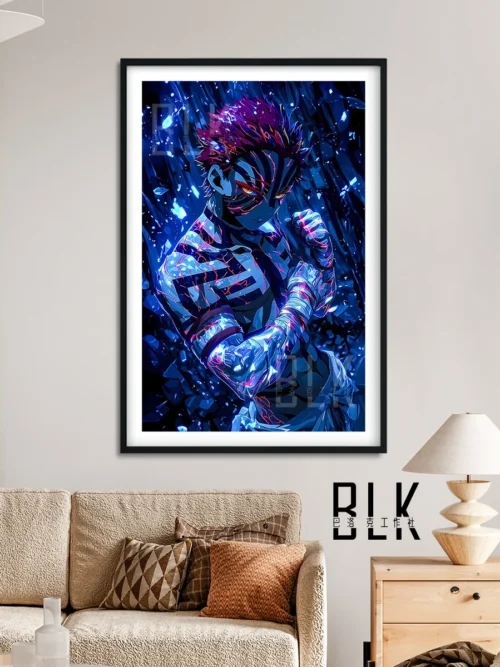 "Dynamic Baroque Blue Akaza decorative painting from Demon Slayer, showcasing intricate details and ornate elegance for sophisticated anime art decor."