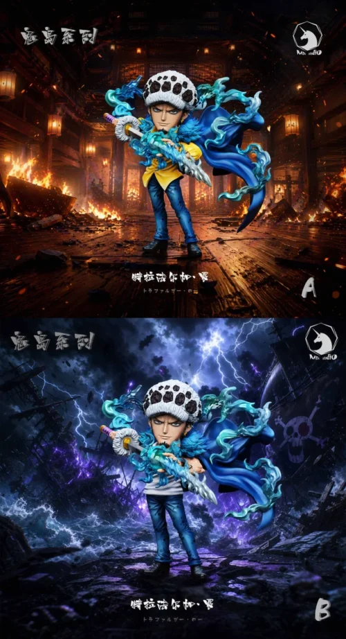 "Dynamic Awakened Law One Piece statue by MDS Studio, capturing his powerful Onigashima arc battle pose with vibrant energy effects and anime-accurate."