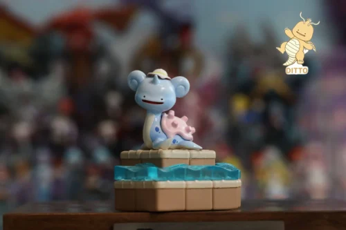 "Detailed gallery of handcrafted Ditto Pokémon figures, showcasing playful, chibi transformations of Lapras, Dragonite, and Graveler resin statues."