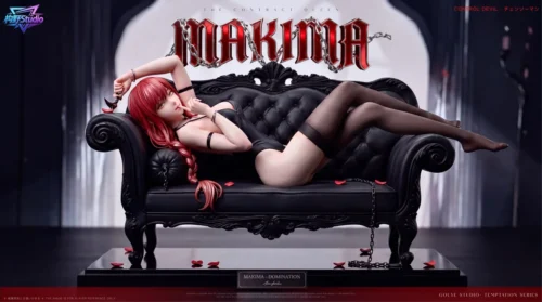 "Detailed angles of the 1/6 Makima Domination Contract Chainsaw Man statue, showcasing her seductive pose, gothic elegance, and chained rose details."