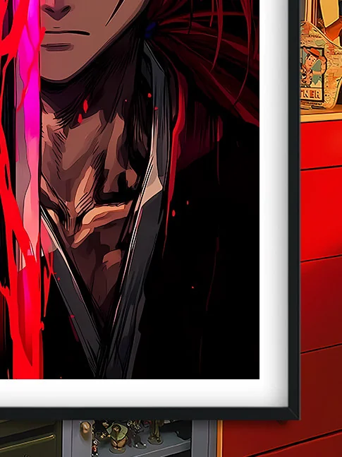 "This dramatic Baroque Rurouni Kenshin decorative painting features an intense, blood-red Kenshin. Its ornate details and artistic depth."