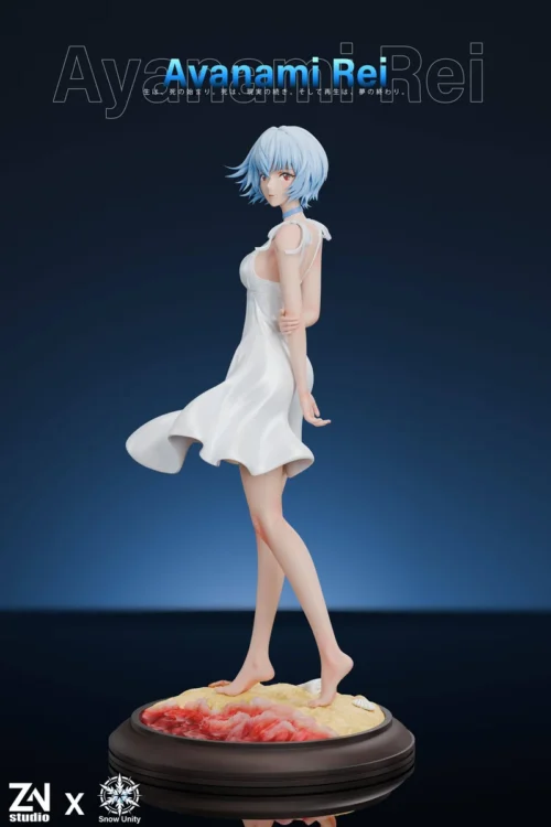 "Premium 1/6 Ayanami Rei figure in dynamic plugsuit, with ethereal aura and intricate base. An ultra-limited Neon Genesis Evangelion collectible."