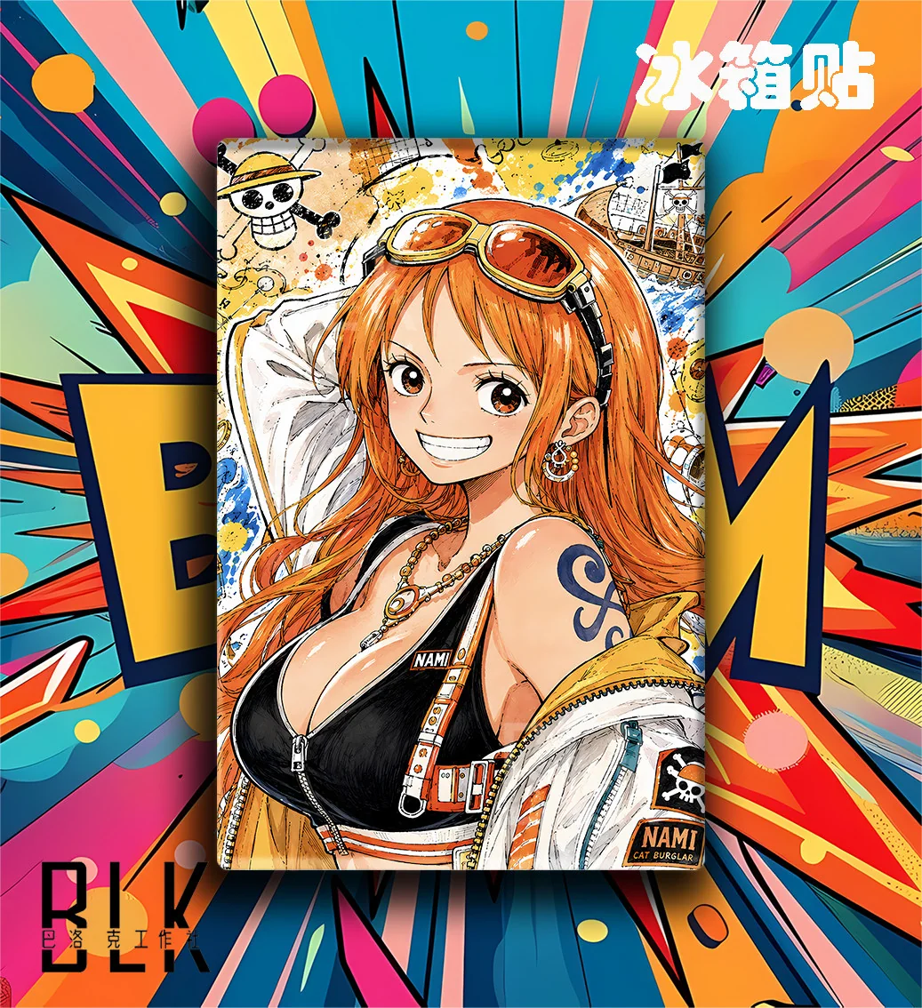 "Multiple views of the One Piece Graffiti Nami & Robin decorative painting, showcasing its vibrant Baroque graffiti art style. Close-ups highlight."