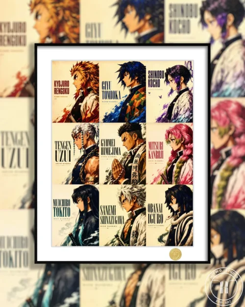 "Stunning limited edition framed Demon Slayer art print showcasing a vibrant, dynamic ensemble of powerful Hashira."