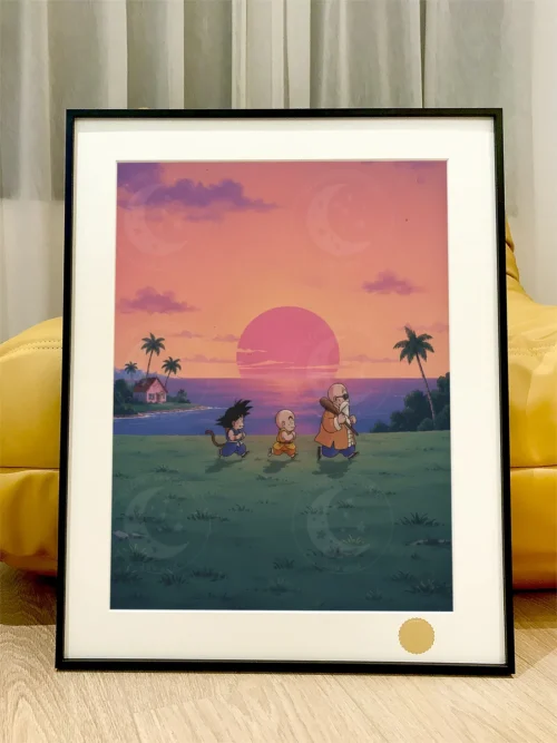 "Premium, ultra-limited Dragon Ball Master and Apprentice art print, featuring iconic characters in a dynamic, cosmic training scene."