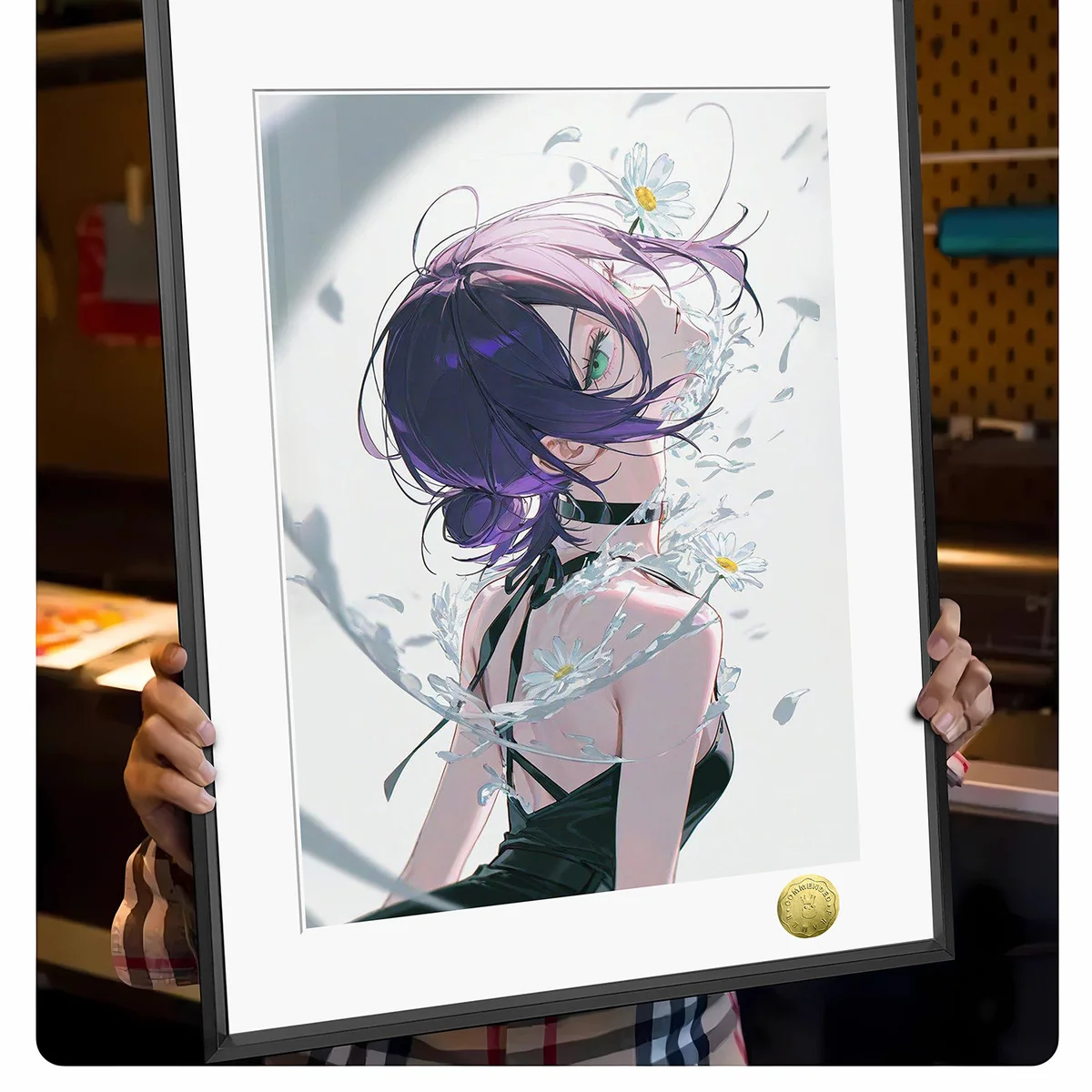 "Exclusive A3/4K Chainsaw Man Reze painting. Dynamic artwork and elegant print details by Huang Gua Studio, shown from various angles."