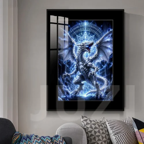 "Gallery of the premium Blue-Eyes White Dragon decorative painting, showing dynamic HD detail, vibrant, fade-resistant art, durable alloy frame."