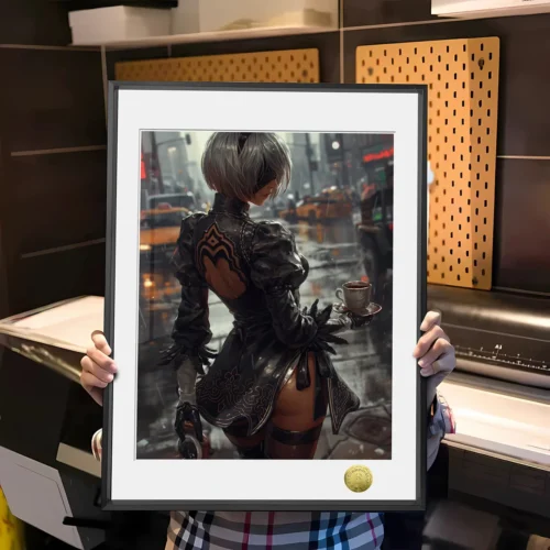 "Exclusive NieR Automata 2B decorative painting showcasing the iconic YoRHa 2B in dynamic, stylized street art; a unique fan artwork."