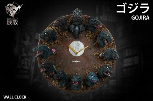 "The 12 Generations Godzilla Head Sculpt Relief Wall Clock, a premium resin statue, showcasing Godzilla's iconic evolution in stunning detail."